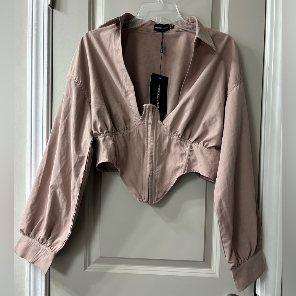 PrettyLittleThing Women's Taupe Woven Corset Detail Cropped Shirt